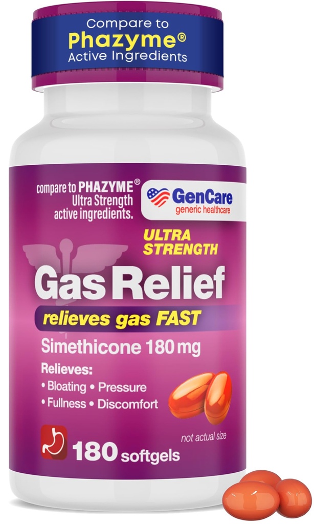 GenCare - ultra styrke simetikon gass relief 180 mg (180-softgels) | Anti flatulens, blooting aid, mage discomfort og gasstrykk reliever piller | Relieves gass raskt | Generisk Phazym