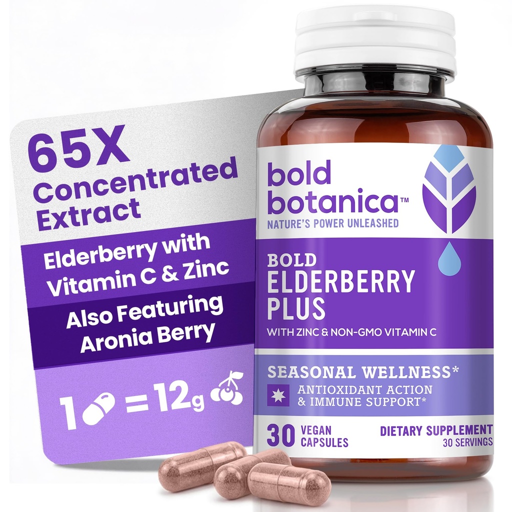 Bold Botanica Elderberry Plus - 65x konsentrert svart eldrebær ekstrakt med sink & vitamin C for daglig immunologisk støtte og sesongmessig velvære - ikke-GMO, 30 vegansk kapsler