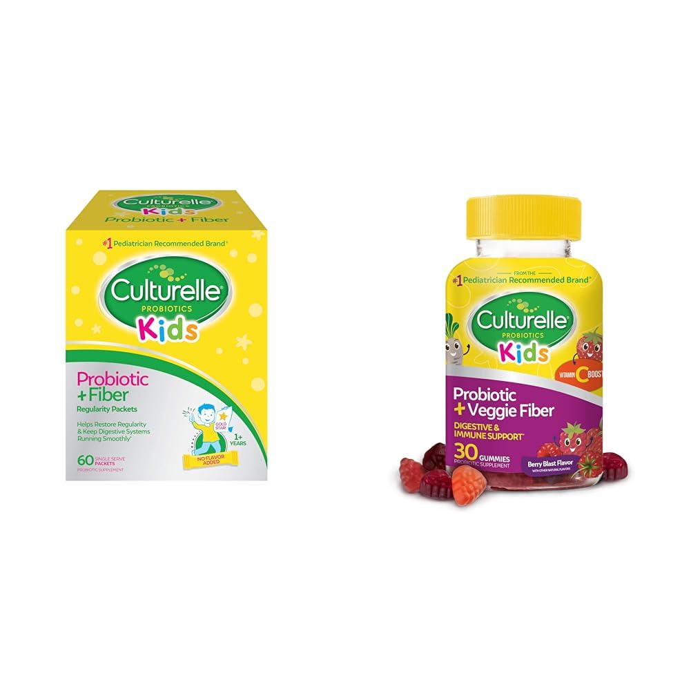 Culturelle Kids Probiotic + Fiber Packets (Ages 3+) - 60 greve og daglig probiotic for barn + Veggie Fiber Gummies (Ages 3+) - 30 greve - Digestiv helse- og immunstøtte Berry Flavor med et vitamin C