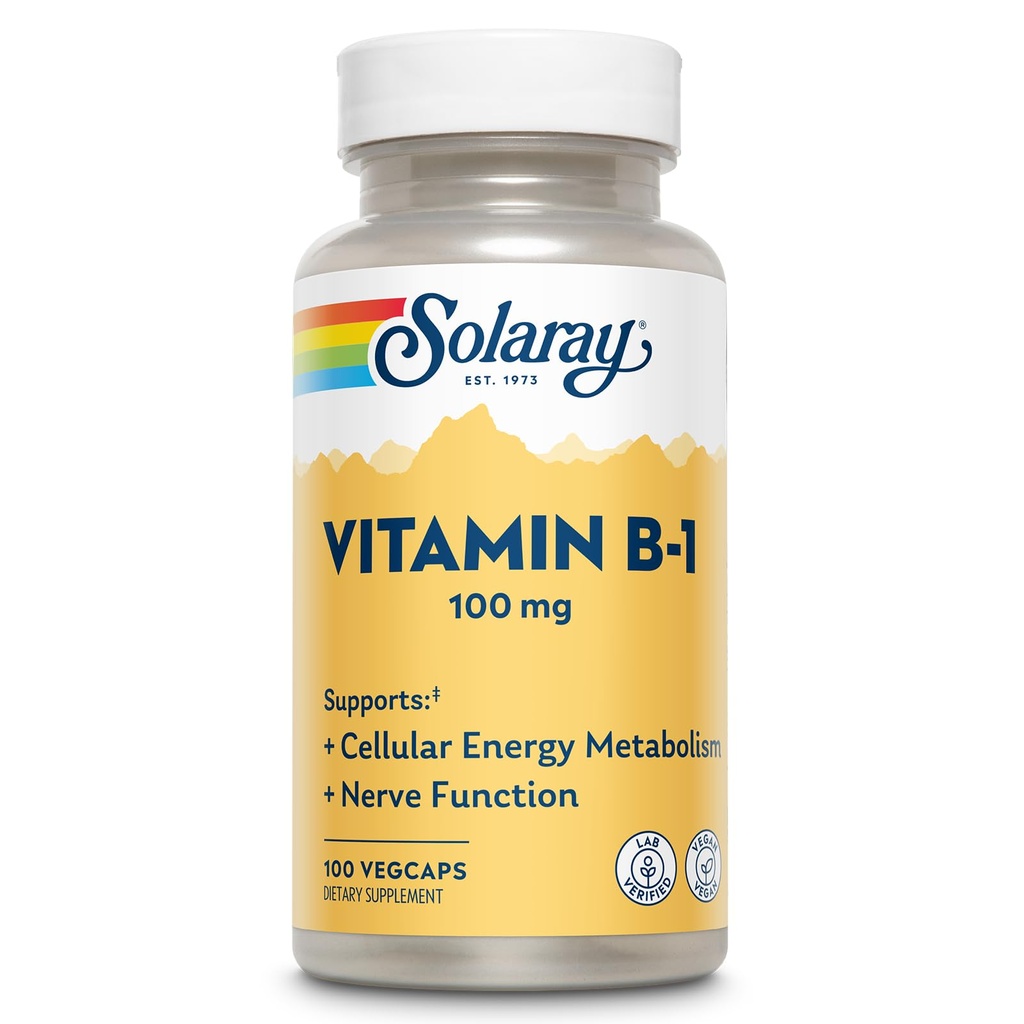 SOLARAY Vitamin B-1 100 mg | Sunn energimetabolisme, hud, hjerne, hjerte og nervesystem støtte | 100 VegCaps