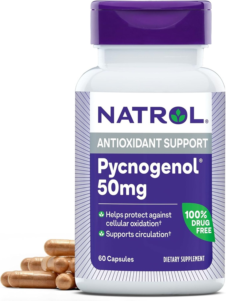 Narrol Pycnogenol kapsler, Antioksidant beskyttelse, Supplement beskytter mot cellulære oksidasjon og aldersrelatert skade, European Maritime Pine Bark Extract, støtter sirkulasjon, 50 mg, 60 greve