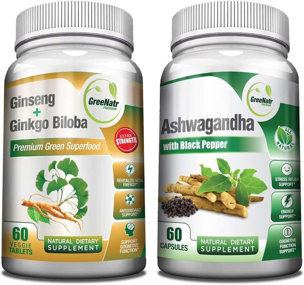 GreeNatr Premium Bundle for Holistisk Well-Being: Organic Ashwagandha Capsules, med svart pepper for stress relief, Plus Ginseng + Ginkgo Biloba tabletter, en tradisjonell energiforsterker.