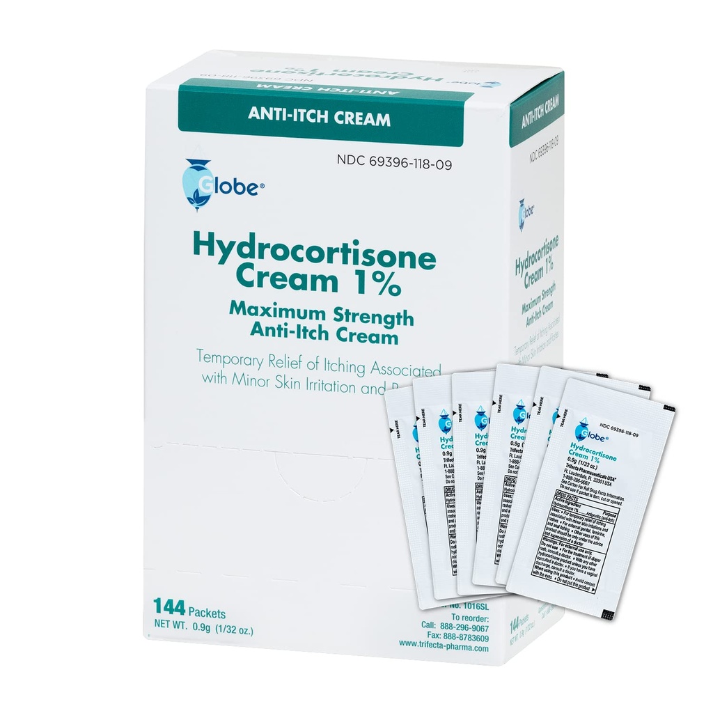 Globe (Box 144 Hydrokortison 1% Maks styrkekrem, (0.9g enkelt pakke) Anti-kykt krem for rødhet, hevelse, kløe, utslett, Bug/Mosquito Bites, Eczema, hemorroider og mer