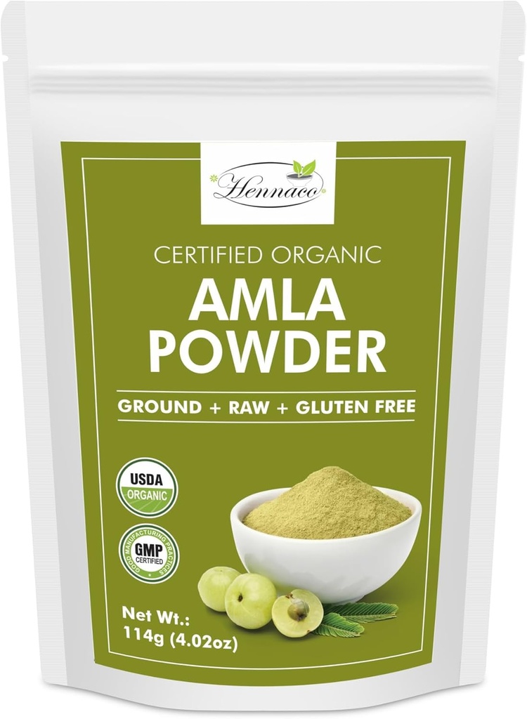 Hennaco Organic Amla Powder® Amla Powder For Matlaging, Smoothies og Juices | Forseglbar Zip Lock Pouch | USDA Organic | Pure & Natural Indisk Gooseberry Powder® 114 Grams (4 OZ)