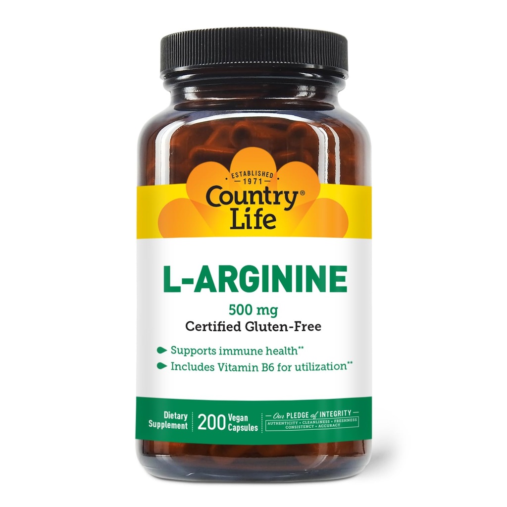 Country Life L-Arginine Caps med vitamin B-6, 500 mg, 200 Vegan Capsules, sertifisert Glutenfri, sertifisert Vegan
