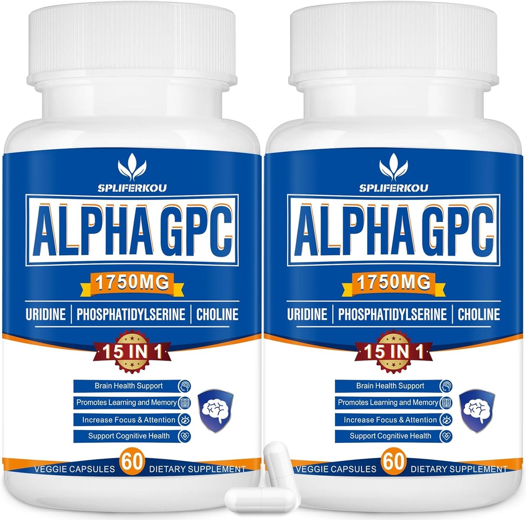 15-i-1 Alpha GPC Supplement med fosfatidylserin, uridin, L-Theanin, Lion's Mane Mushroom, 120 Kapsler