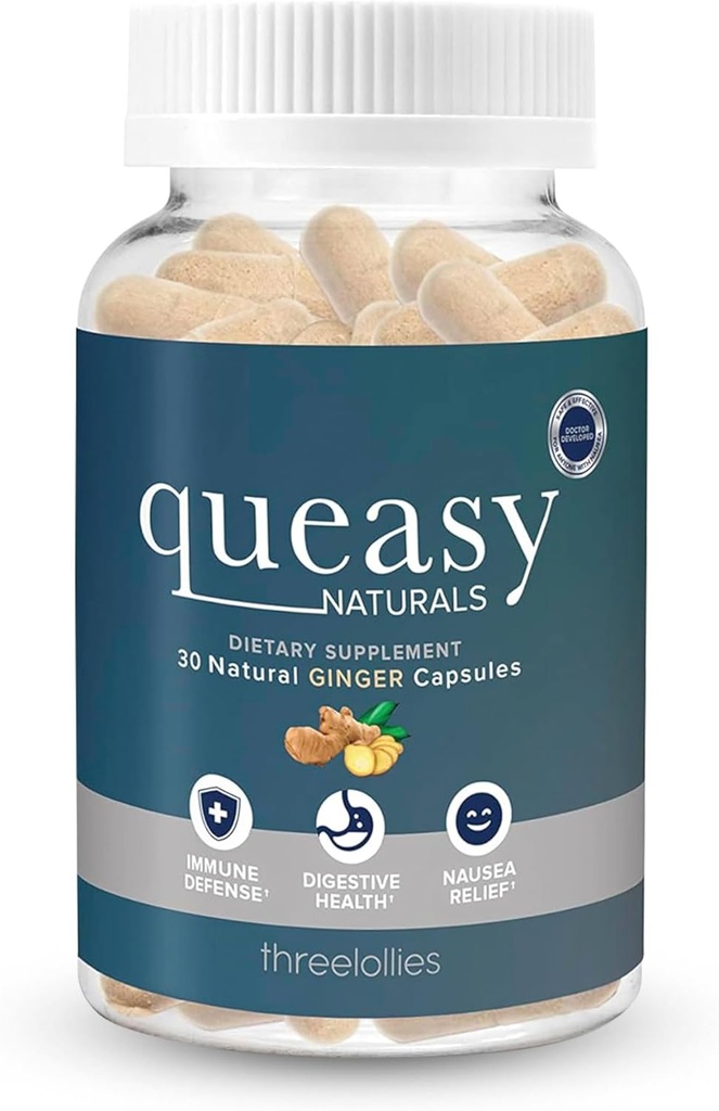 Tre Lollies Queasy Naturals Ginger Capsules - Ikke-Drowsy Needlease Relief Supplement - Motion Sykepleie Forebygging og kvalme Relief Under Chemoterapi - 1000 mg Ginger Root - 30 Caps