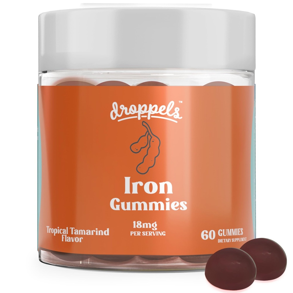 Droppels Jern Gummies 18 mg for kvinner og menn – Vegansk plantebasert jerntilskudd | støtter energi og blod helse | Pektin-basert, ikke-GMO, Gluten & Gelatin gratis | Tamarind Flavor, 60 greve