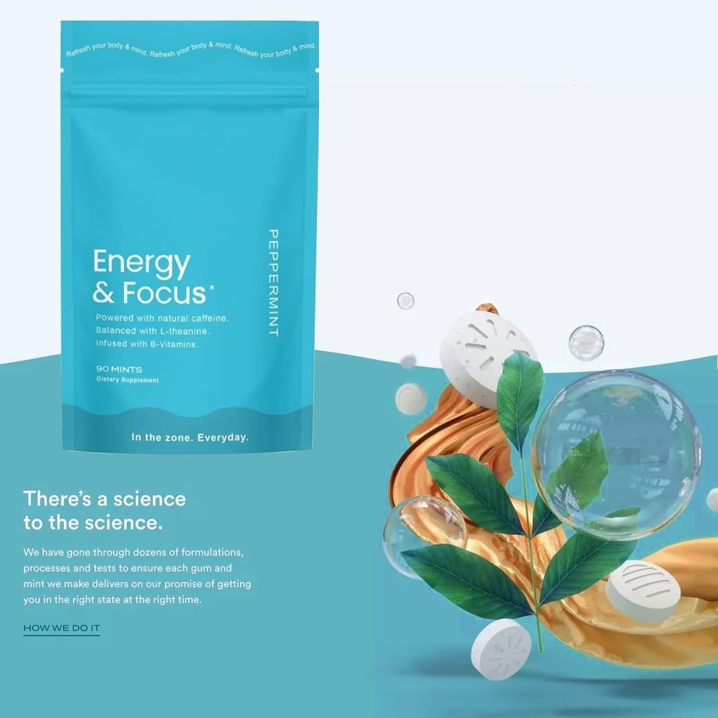 Energi Koffeinmynter (90), sukkerfri, Vegansk, Glutenfri, Peppermynte. Øker fokus, utholdenhet med L-Theanine, Koffein, B12 & B6. Raskvirkende, Pocket-Sized for rask energi.