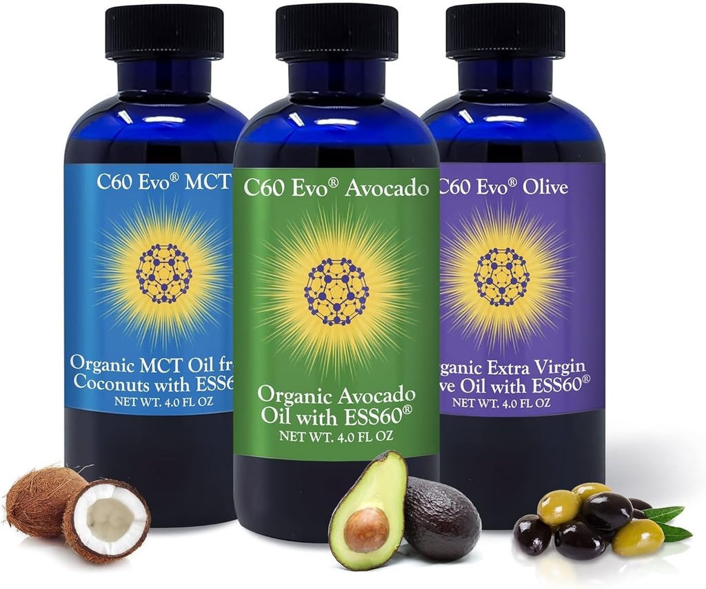 Alt-Naturlig Edible Olier, 4oz prøvesett med ren C60 ESS60, immun støtte og felles støtte Supplement med Olive Olje, Avocado olje og MCT kokosolje, sett på 3, 4 oz