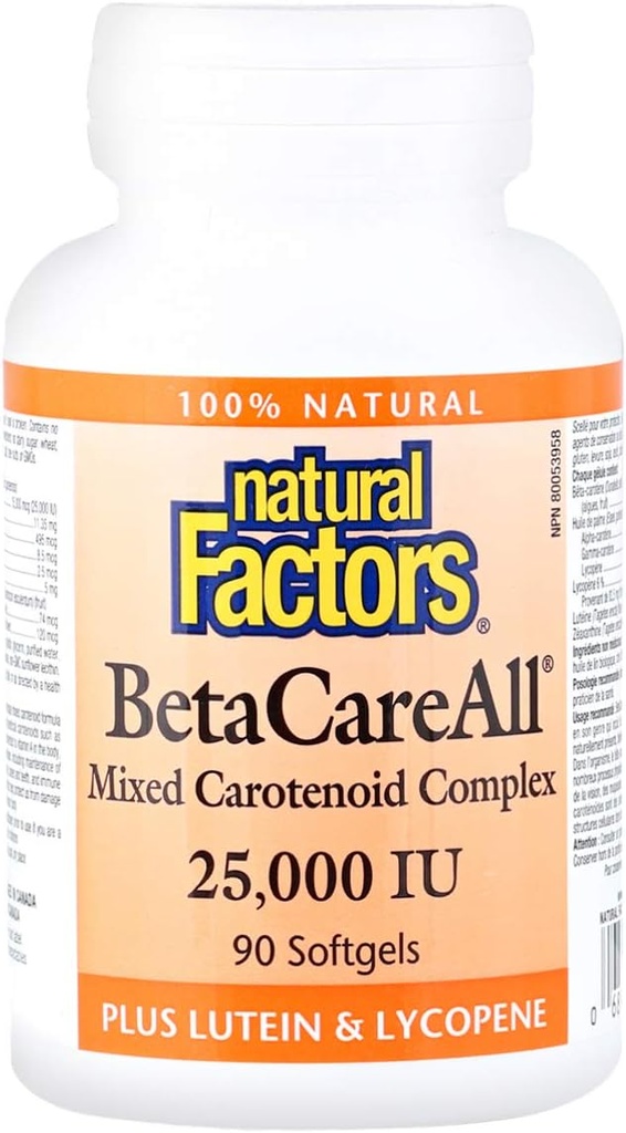 Naturlige faktorer, BetaCareAll 25 000 IU, vitamin A for sunn hud, visjon og immunfunksjon, 90 Softgels