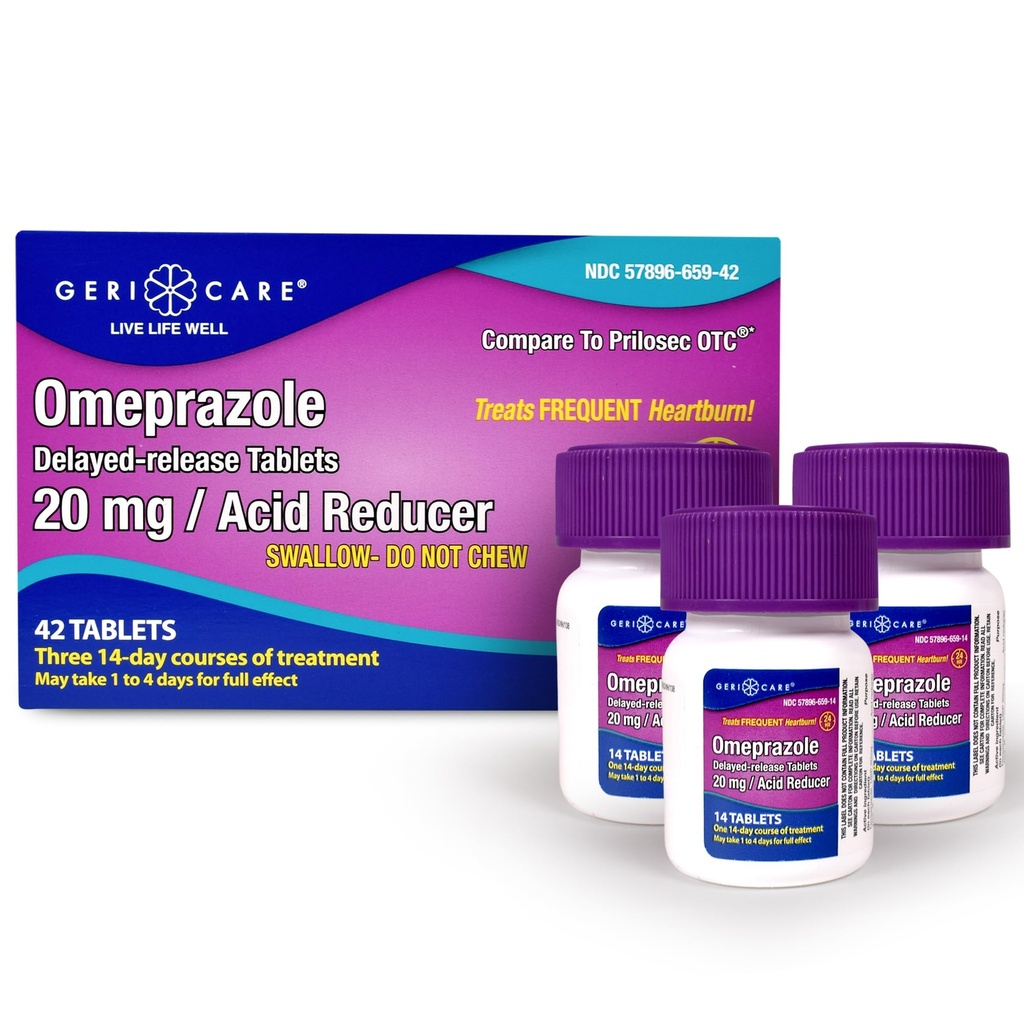GeriCare Omeprazol forsinket frigjøringstabletter 20mg Magesyre Reduser piller i 24-timers Heartburn Relief-syre Reflux medisin å behandle hyppige Heartburn- Anti-Acid Relief tabletter (42 greve)