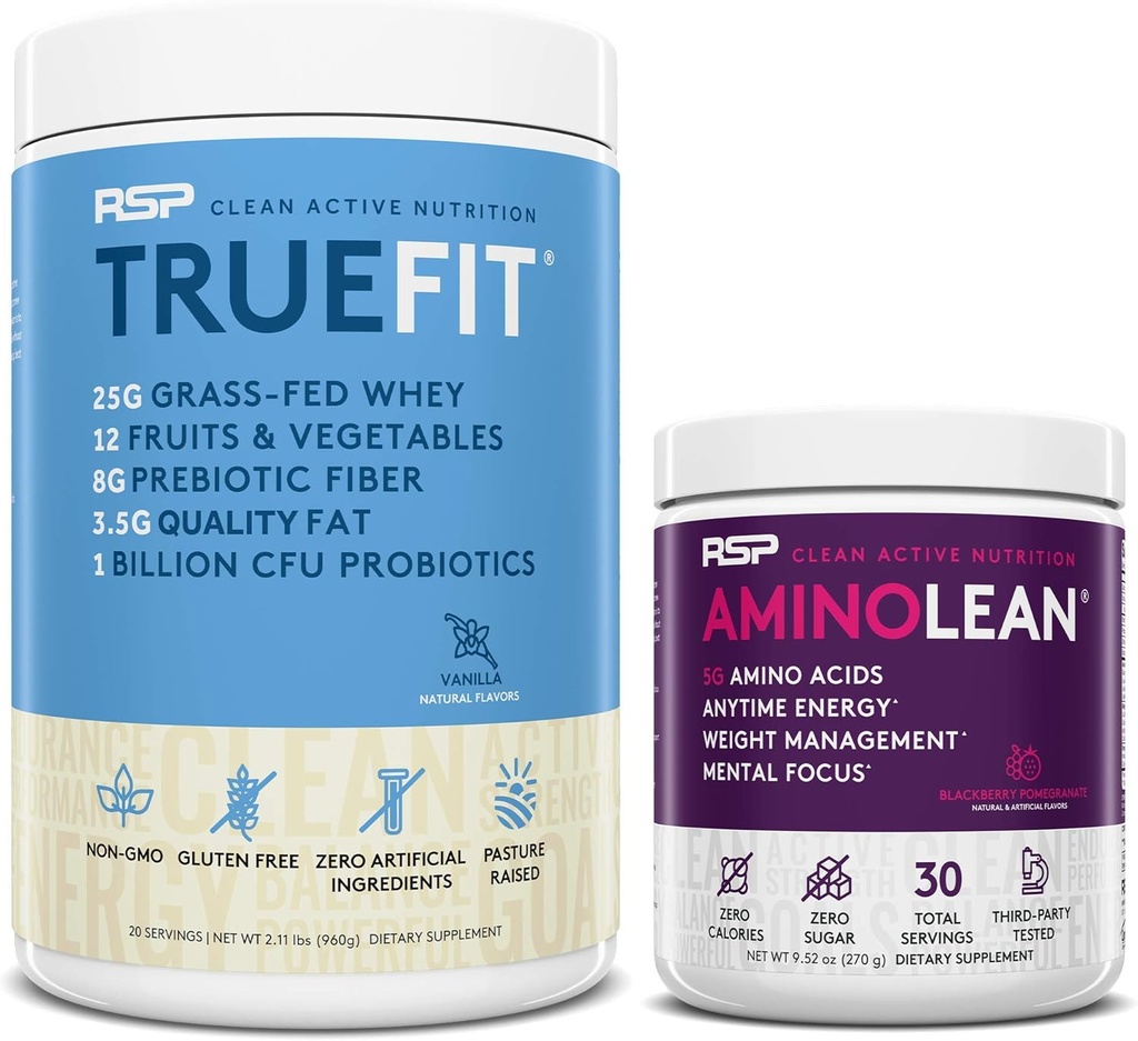 RSP NUTRITION AminoLean Pre Workout Energi (BlackBerry Pomegranate 30 serveringer) med TrueFit Protein pulver (Vanilla 2 LB)
