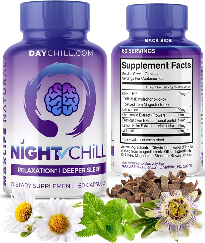 Natt Chill Sleep Supplement - 60 kapsler - Restful Sleep Support med DHH-B fra Magnolia Bark og L-Theanine Supplement - Stress Calm Mood Support - Sovepiller for voksne av MaxLife Naturals