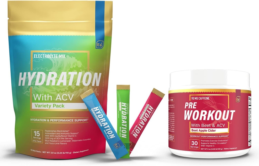 Sukkerfri Hydration Powder Packets Variety - 15 Stick Packs & PreWorkout pulver med ACV Varme, Trening, Reise, Daglig Hydration + Superfood Energi & Naturlig Nitric Oxid Booster Plus Koffein