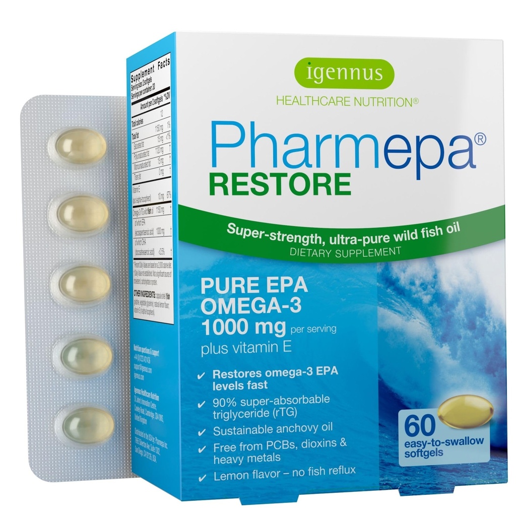 Igenus Pharmepa Restore, ren EPA 1000mg, Omega 3 rTG fiskeolje, IFOS-sertifisert, høy absorpsjon, 90% konsentrasjon trippel styrke, vill og bærekraftig, sitronflavor, 1-måneders forsyning, 60 Softgels