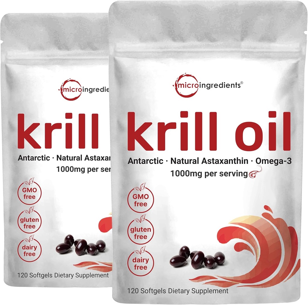 2 Pack Antarctic Krill Oil Supplement, 1000 mg Per Serving, 120 Soft-Gels Hver, rik på Omega-3s, EPA, DHA og Astaxanthin, støtter hjernens helse, Premium Krill Olje Kapsler flytende Softgels