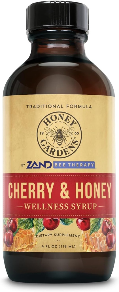 Honning Gardens Cherry & Honning Soothing Throat Syrup, Apiterapi formel med organisk rå honning, organisk Apple Cider Vinegar, Black Cherry, og Herbal Extracts, 24 Serveringer, 4 FL. OZ.