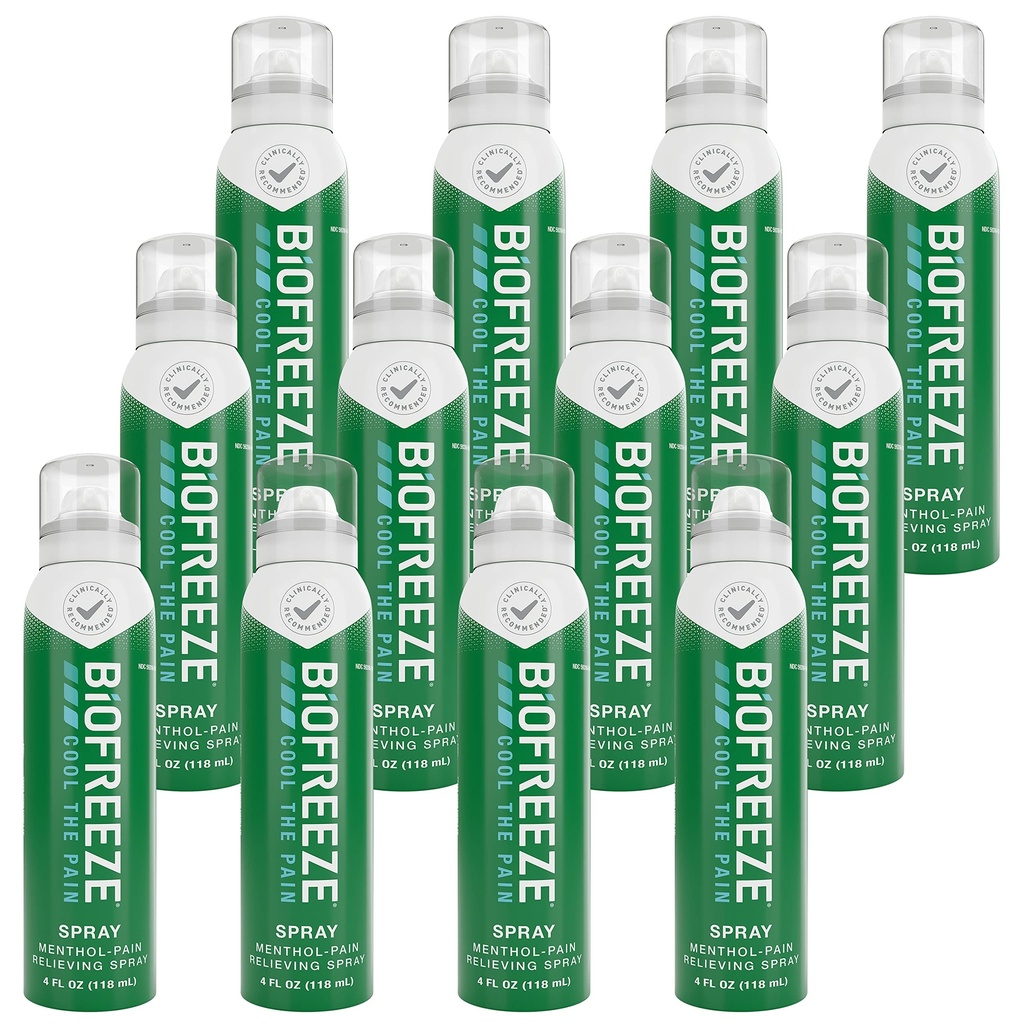 Biofreeze Menthol smerte lindring Spray 4 FL OZ Fargeløs Aerosol Spray (pakke med 12) for smertelindring forbundet med sure muskler, artritt, enkle ryggsmerter og leddsmerter (pakke May Vary)