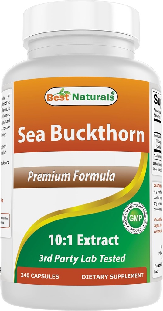 Best Naturals Sea Buckthorn olje pulverekstrakt 10:1 500 mg 240 kapsler - Ikke-GMO, Glutenfri - Inneholder naturlig Occuring Omega-7 Palmetoleic Acid