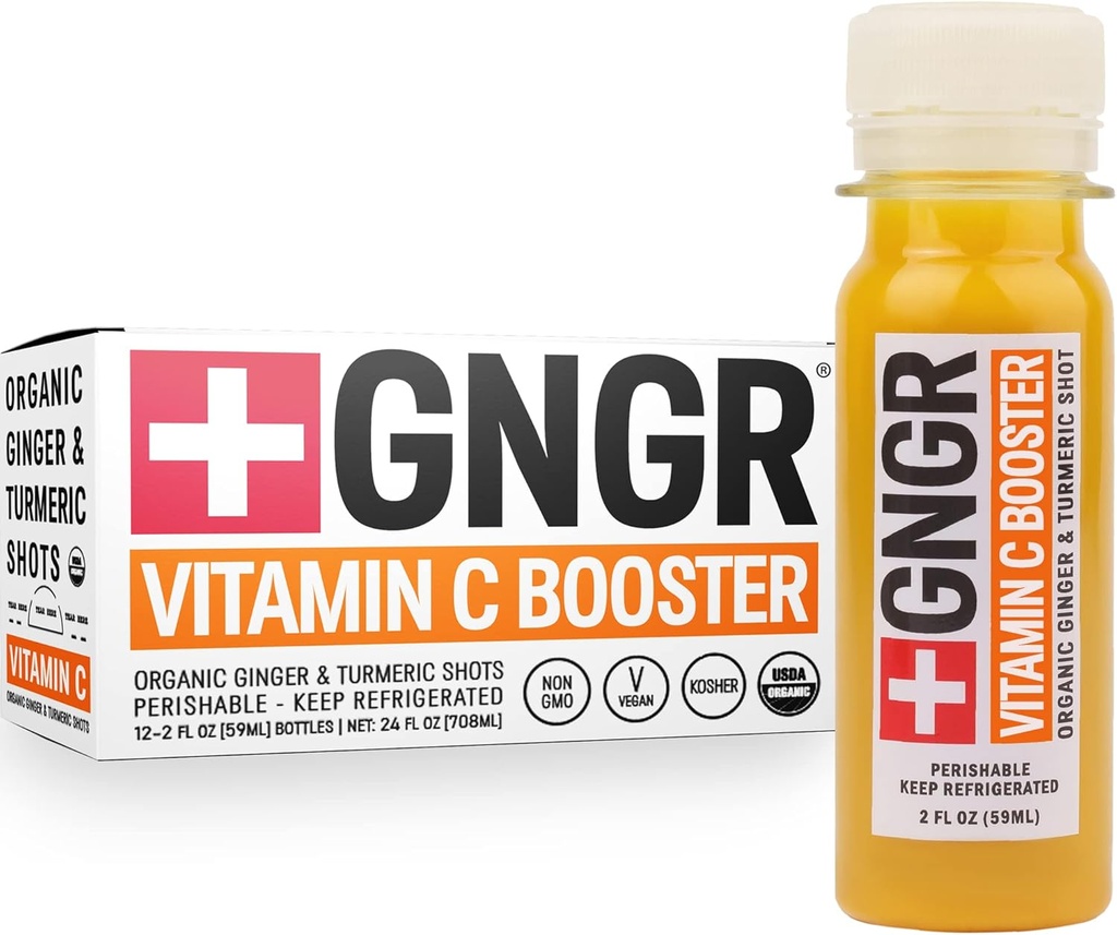 +GNGR Vitamin C Immunitetsforsterker Cold-presset Ginger Shot med gurkemeie, Cayenne, Acerola, Immunitet Shot med peruansk Ginger Juice for alle naturlige immun & Digestiv støtte 2 oz (pakke med 12)