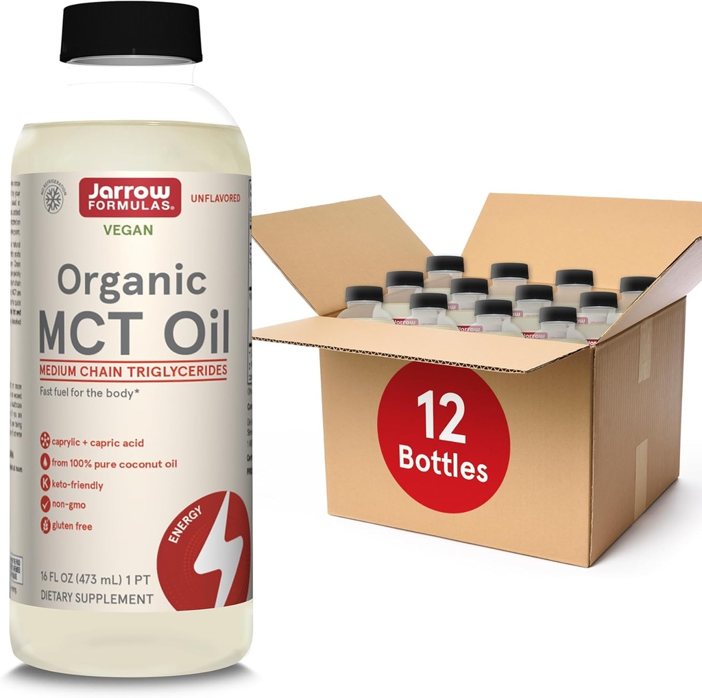 Jarrow Formler Organic MCT Oil - 16 fl oz - Hurtig brensel for hjerne og muskler - Capryl (C8) + Capric Acid (C10) - Ketogen Diet Vennlig Supplement - Unflavored (Pack of 12)
