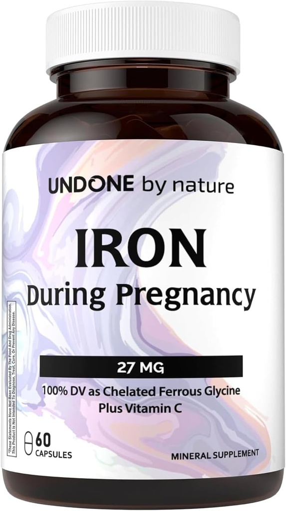 Jern Supplement, Ferrous Bisglycinate, Gentle, med Vitamin C som L-Calcium Askorbate, under svangerskapet ved å angre av naturen, 100% daglig verdi, blodbuilder, 60 Vegan Caps