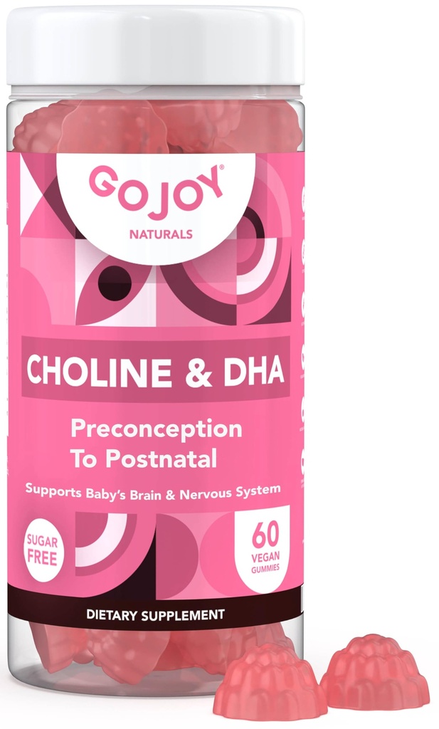 Prenatal Choline & DHA Gummies - Preconception to Postnatal Gummy Vitamin Supplement for gravide kvinner - Søt med Monk Frukt - 3. part testet - Ikke GMO, Glutenfri, Vegan
