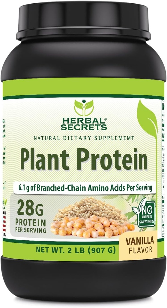 Herbal Secrets Planteprotein 2 Lb pulver | 28 gram protein per servering | 6,1 gram BCAA | Vegan Supplement | 23 serveringer | laget i USA (2 Lb, Vanilla)
