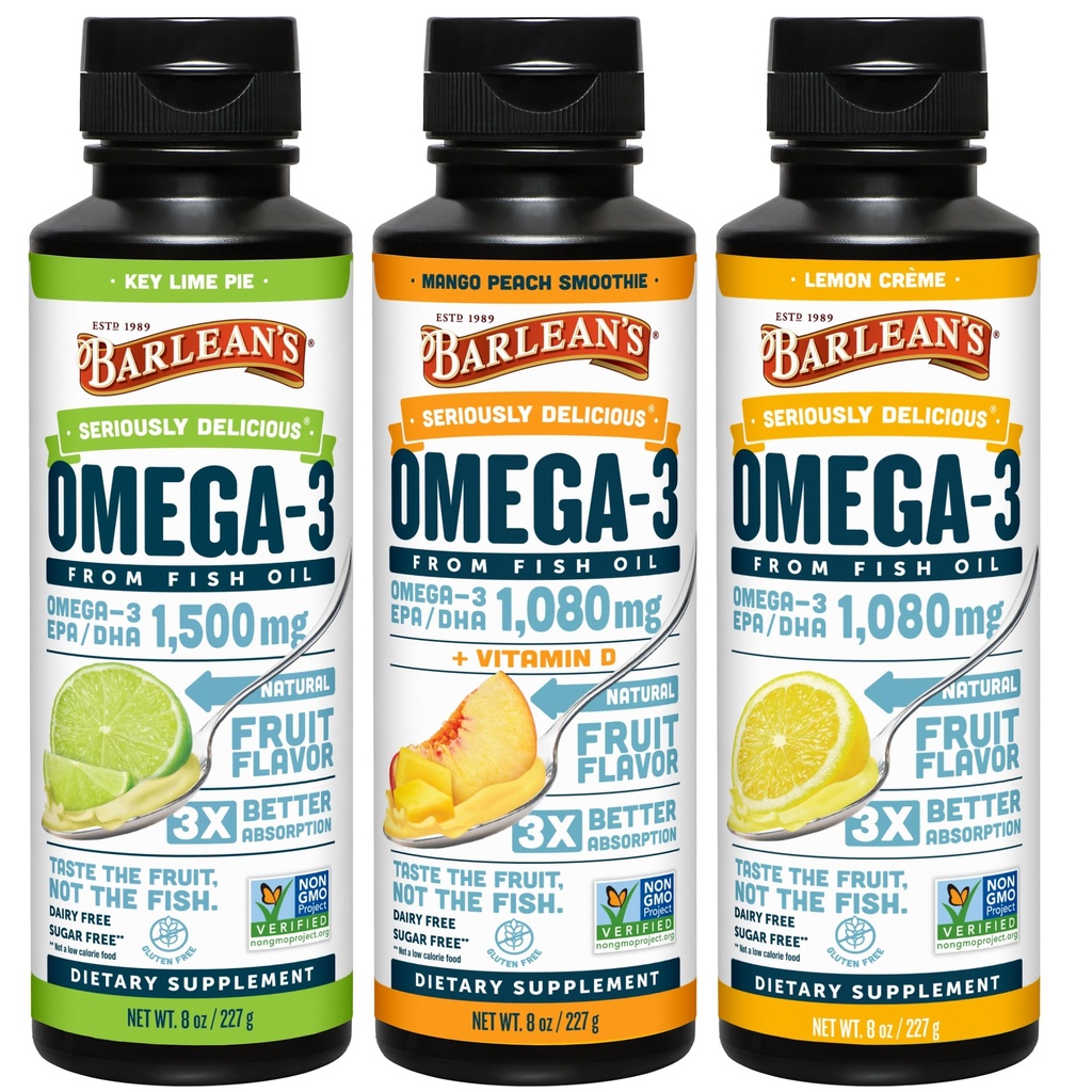 Barlean Omega 3 Fish Oil Liquid Supplement 3-Flavor Variety Pack for menn og kvinner, EPA og DHA Fatty Acid, inneholder nøkkel lime Pie, sitron crème og Mango Peach Flavors, 8 oz