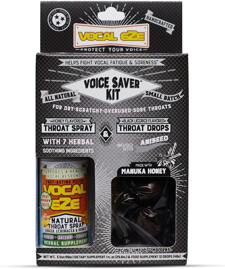 Vokal Eze Voice Saver Kit, inkluderer Vokal Herbal Throat Spray (1) og (12) Manuka Honning Drops | Relieve Sore, Hoarse, tretthet, tørrhet av Throat | Immune Support, Naturlige ingredienser (angitt)
