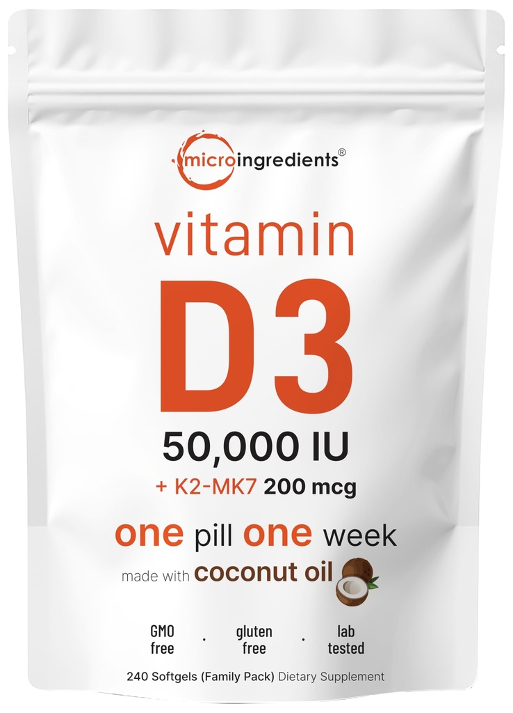 Mikroingredienser Vitamin D3 50 000 IU + K2 MK-7 200 mcg, 240 Softgels | Jomfru Kokosolje | 2-in-1 Bein, Immun & hjerte støtte | Lett å svelge, ikke-GMO