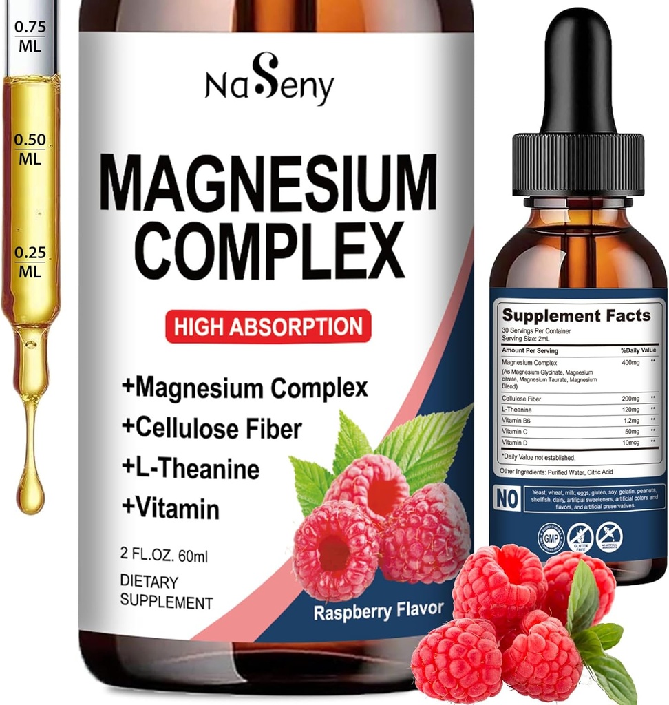 Magnesium Complex Supplement, 400 mg magnesiumglykinat, malat og citrat vitamin blanding for kvinner og menn, høy absorpsjon - for avslapning, god søvn og nerve helse (60ML/Raspberry)