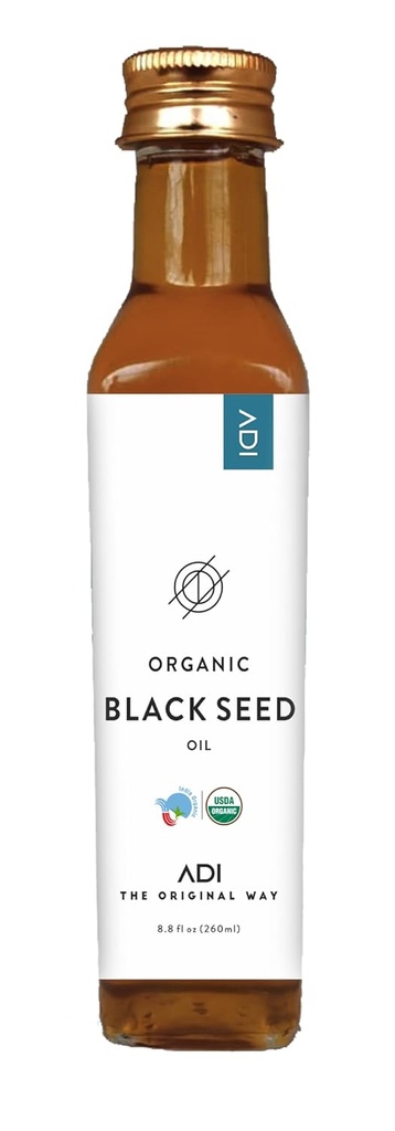 ADI naturlig svart frøolje 8,8 oz, 100% ren uraffinert kaldt presset flytende olje, glassflaske, USDA-sertifisert, Nigella Sativa, rik på Omega 3-6-9