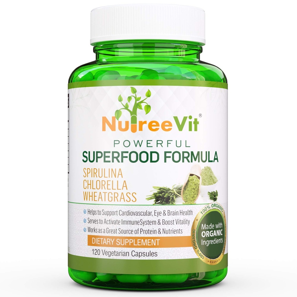 NutreeVit ren 100% organisk spirulina + klorella + hvetegrass - Energiforsterkning, immunstøtte, kraftig supermat antioksidant - Veggie Capsules