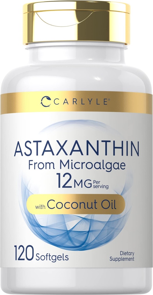 Carlyle Astaxanthin 12 mg | 120 Softgels | Supplement fra mikroalgae | med kokosolje | Ikke-GMO & Glutenfri