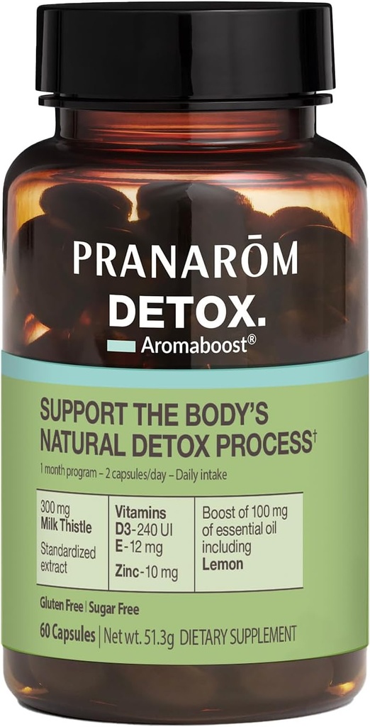Pranarom - Aromaboost Detox Herbal Supplement - Eliminerer toksiner og drener Kroppen - Melk Thistle og sink - vitaminer D3 og E - sitron essensiell olje - 60 greve