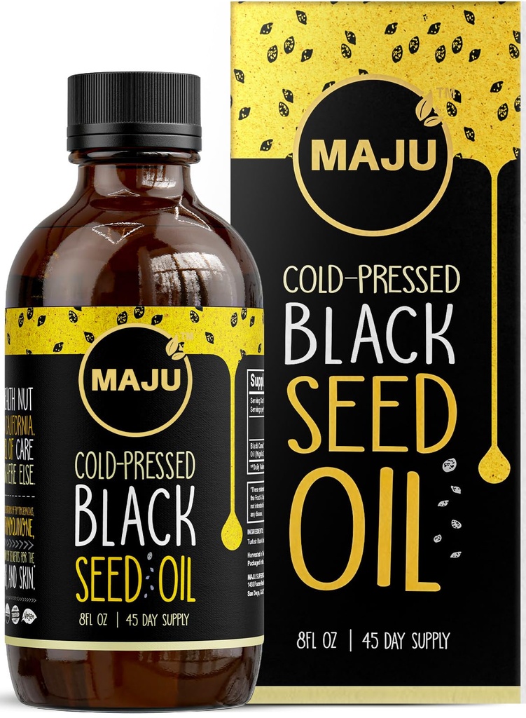 MAJU Black Seed Oil - 3 ganger Thymoquinon, kaldpresset, 100% tyrkisk svart cuminfrøolje, flytende ren svartfrøolje, glassflaske, 8 oz
