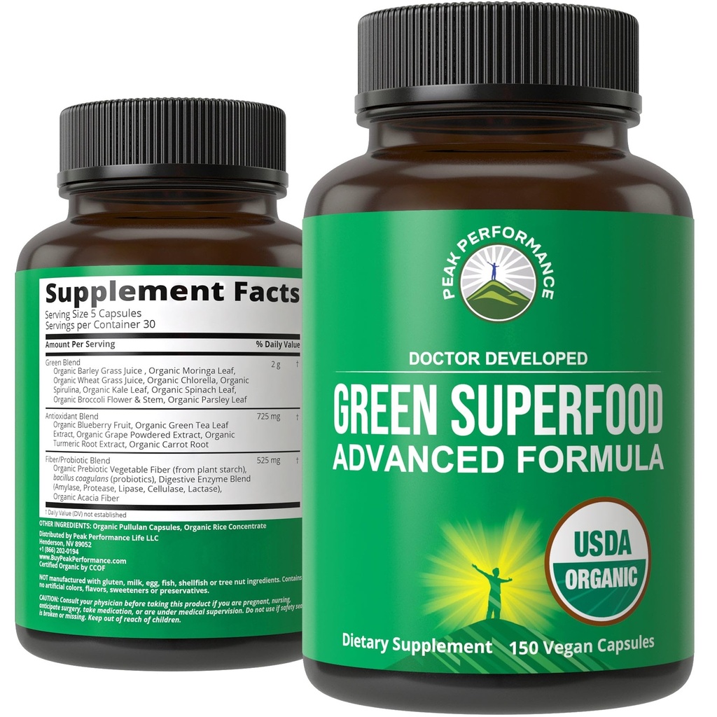 Organic Super Greens 150 kapsler - Grønn Juice Superfood Supplement med 25 alle naturlige organiske ingredienser. Maks energi og detox super mat piller med Spirulina, Spinat, Kale, Turmeric, Probiotika