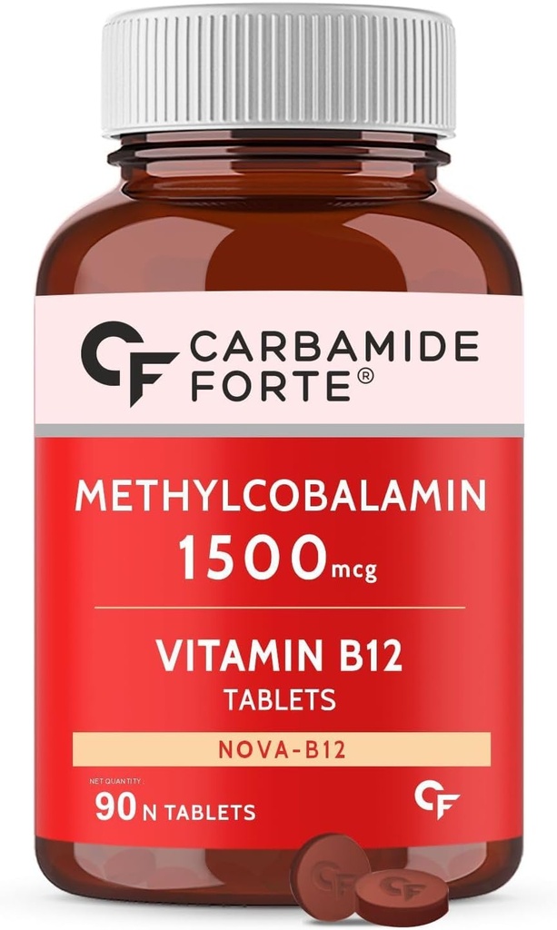 Generisk Carb-Amide Forte vitamin B12 Tabletter 1500mcg -Aktiv form av Metylkobalamin B12 Supplement for menn og kvinner- 90 Veg Tabletter