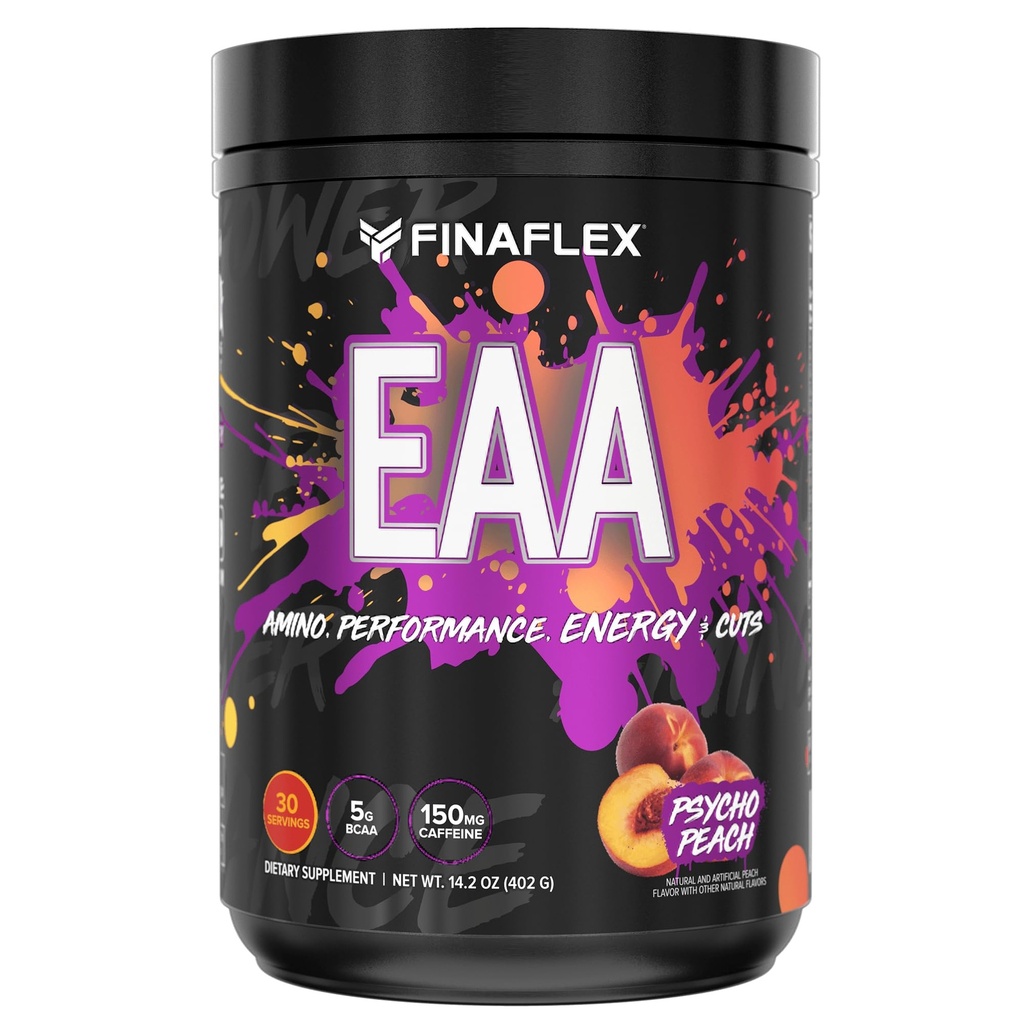 FINAFLEX EAA, Psycho Peach - 14.2 oz - fremmer ytelse, energi og kutt - Med BCAA, L-Glutamin, L-Arginin, Acetyl-L-Carnitin & Koffein - 30 Services