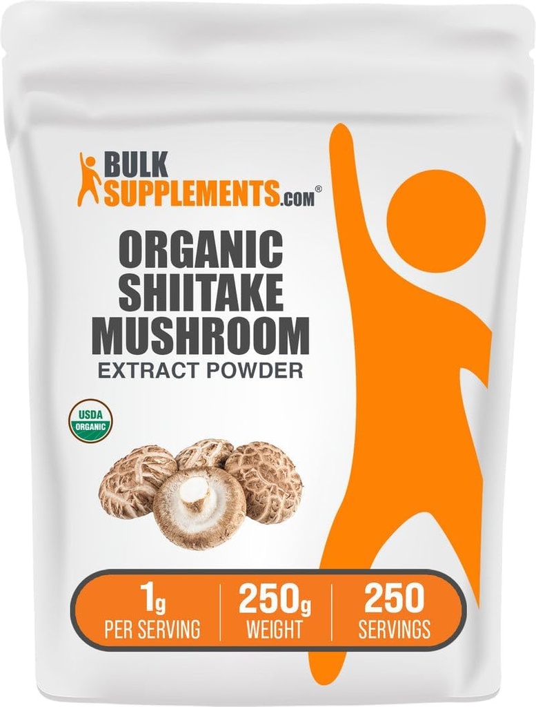 BulkSupplements.com Organic Shiitake Mushroom Extract pulver - Organic Shiitake Mushroom Powder Supplement, immunstøtte - Vegan & Glutenfri, 1g per servering, 250g (8,8 oz) (Pack of 1)