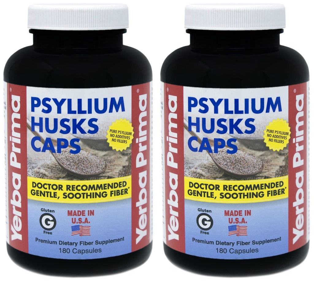 Yerba Prima Psyllium Husk Caps - 180 Kapsler (pakke med 2) - Lett å svelge Fiber Supplement - Colon Cleanse - Gut Helse - Ikke-GMO Glutenfri