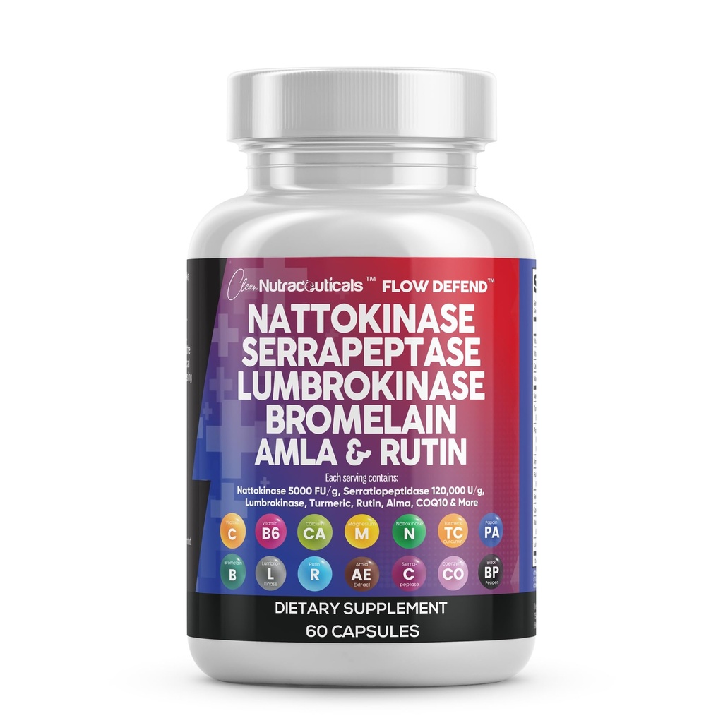Ren Nutraceuticals Nattokinase 4000 FU Serrapeptase 120000 SPU Lumbrokinase Enzyme Supplement med Bromelain Papain Papaya Enzymes Rutin ekstrakt Amla Magnesium Vitamin B6 & VIT C kapsler