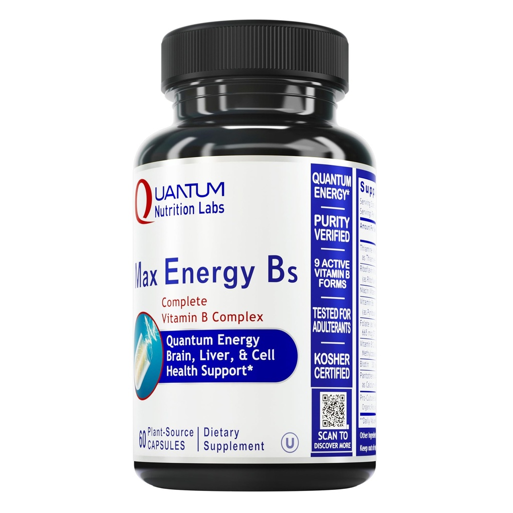 Quantum Nutrition Labs Max Energi Bs - Vitamin B-kompleks, Metylerte B-vitaminer med vitamin B1, B6, B12, Thiamin, Folat og Biotin - 60 Vegetariske kapsler