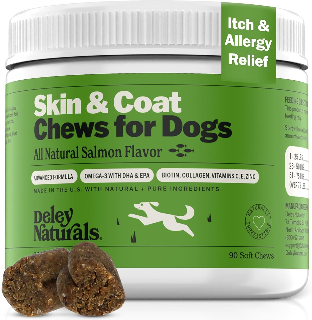 Deley Naturals Hud & Coat Chews - Hundeallergi Chews med Omega 3 Fish Oil, Biotin, kollagen og essensielle vitaminer - støtter hund kløende hud lindring, reduserer tørrhet og sunn koke - laget i USA