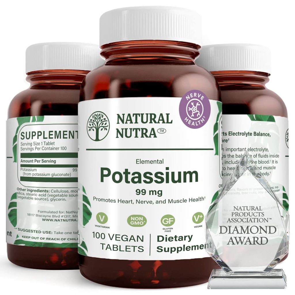 Naturlig Nutra Elemental Kalium gluconate 99 mg kosttilskudd - fremmer energi, bidrar til å øke nervesystemet, fremmer hjerte helse, mineralforskrift, muskelfunksjon - 100 vegantabletter