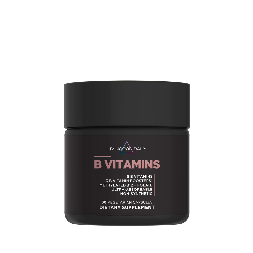 Livingood daglige vitamin B komplekse kapsler for menn og kvinner, metylert B12 & folat, 11 aktive former inkludert B1 B2 B3 B5 B6 & Biotin, Glutenfri, Vegan B vitaminer for hår hud negler, 30 kapsler