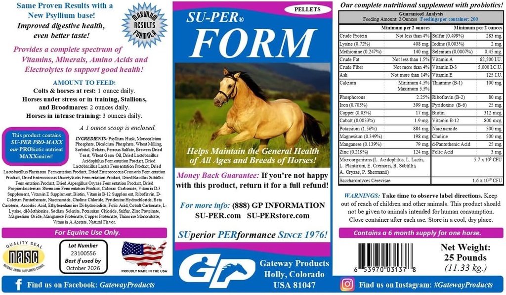 SU-PER Form Horse Vitaminer og mineraler Pellets - ernæringstilskudd med probiotika - Vitaminer, Mineraler, Aminosyrer og elektrolyter - Hjelper opprettholde generell helse - 25 pund, 6 måneders forsyning