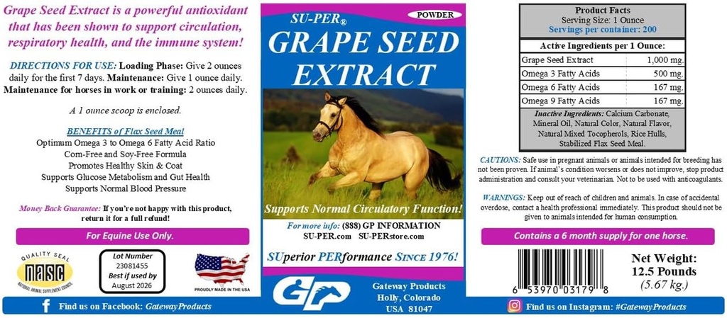 SU-PER Grape Seed Extract Hest Antioksidant - Equine Antioksidant Supplement for ytelse Hester - Støtter Sirkulasjon Respiratorisk Helse & Immunsystem - 12,5 pund, 6 måneders forsyning